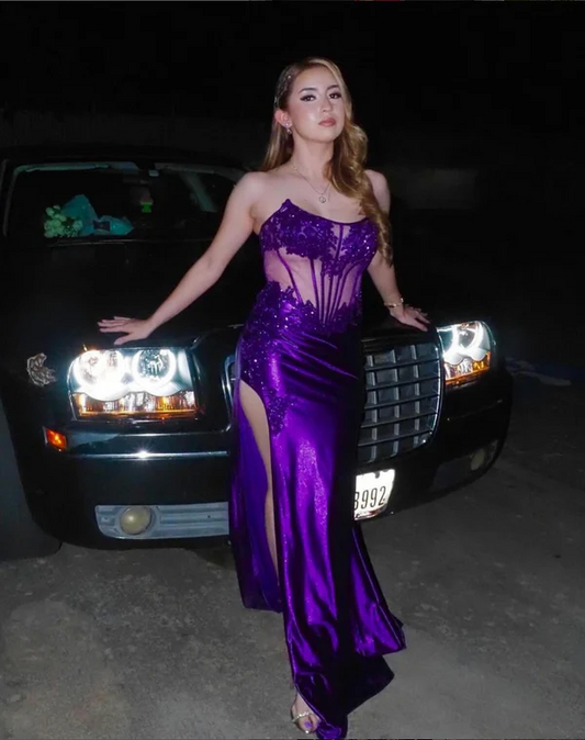 Elegant Purple Strapless Corset Long Prom Dress