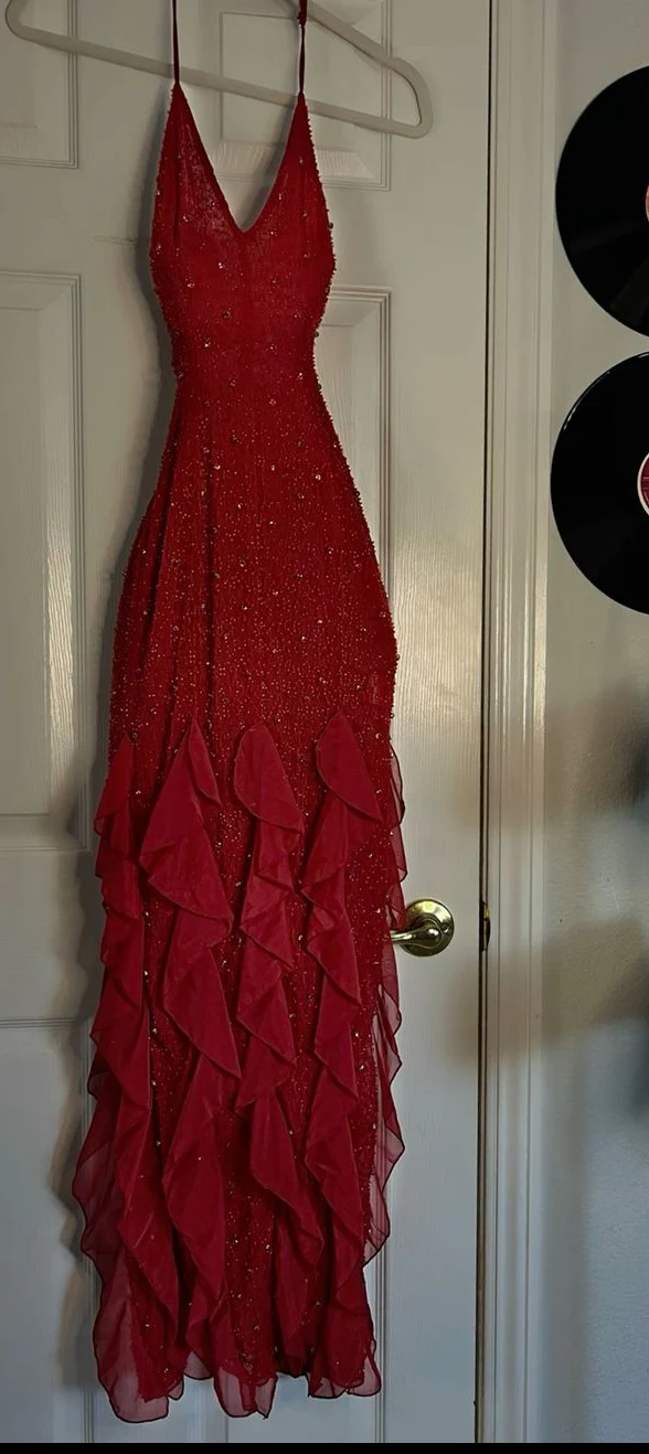 Gorgeous Red Halter Glitter Ruffle Mermaid Long Evening Dress