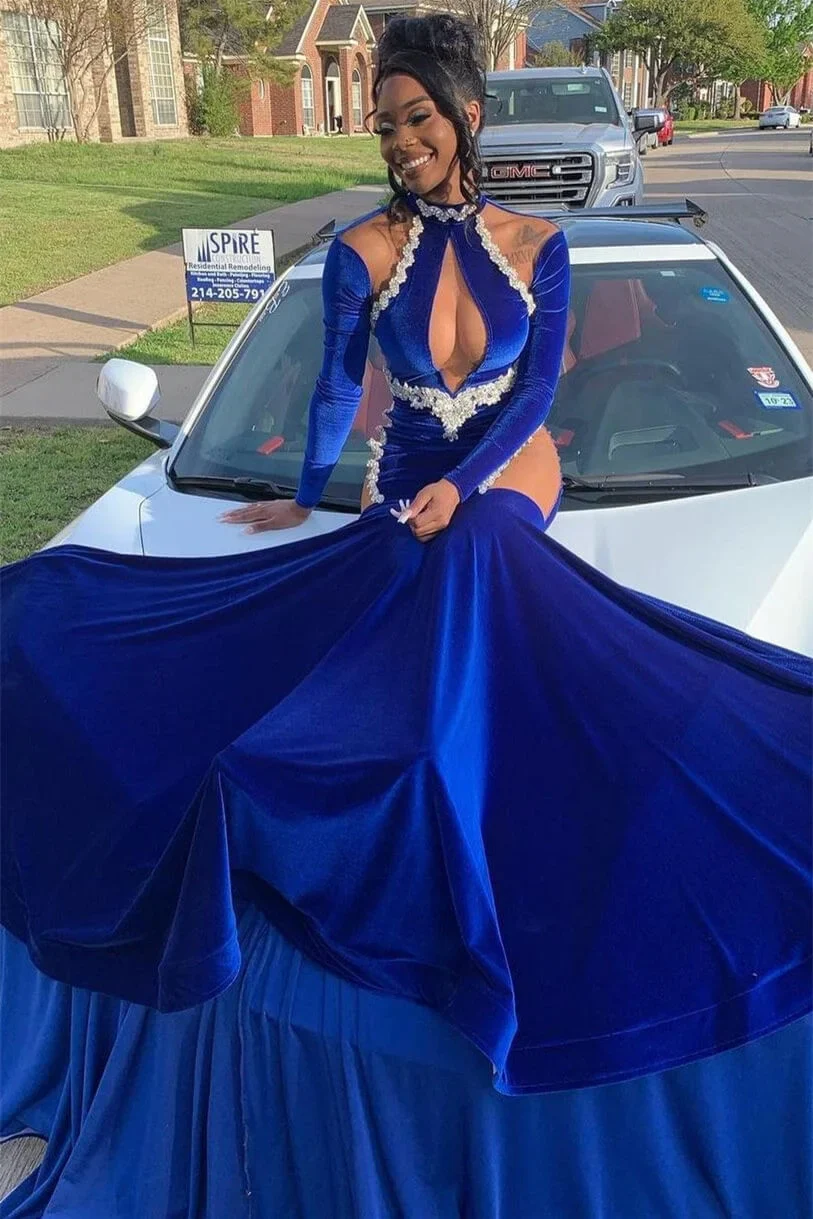 Royal Blue High Neck Long Sleeves Black Girl Mermaid Prom Dress