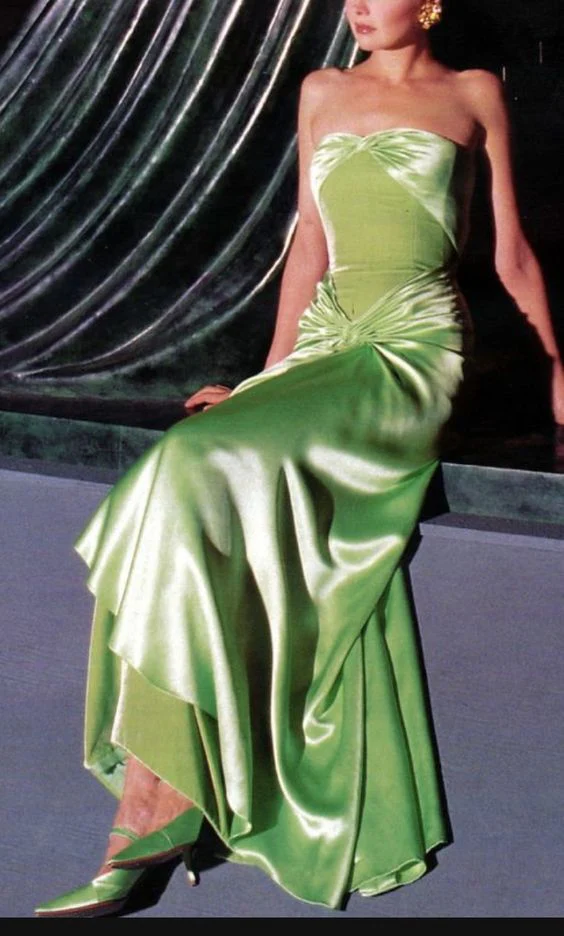 Green Strapless Sheath Velvet Satin Vintage Evening Dress