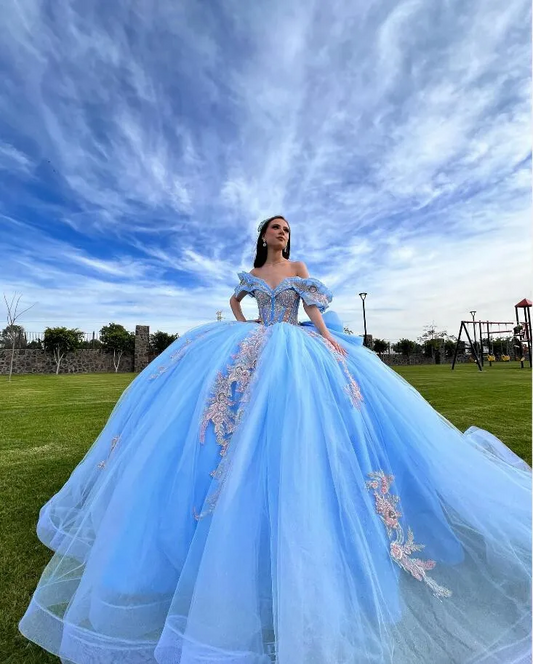 Sky Blue Princess Quinceanera Dresses Ruffles Peplum Off Shoulder Floral Applique Corset vestidos 15 años quinceañera 2024