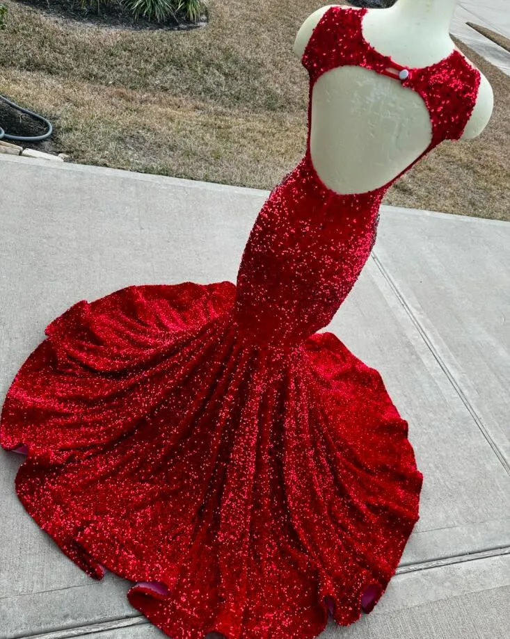 Red Sparkly Long Mermaid Prom Birthday Gala Dresses for Black Girl Luxury Diamond Velvet Evening Gown vestidos de 15 años