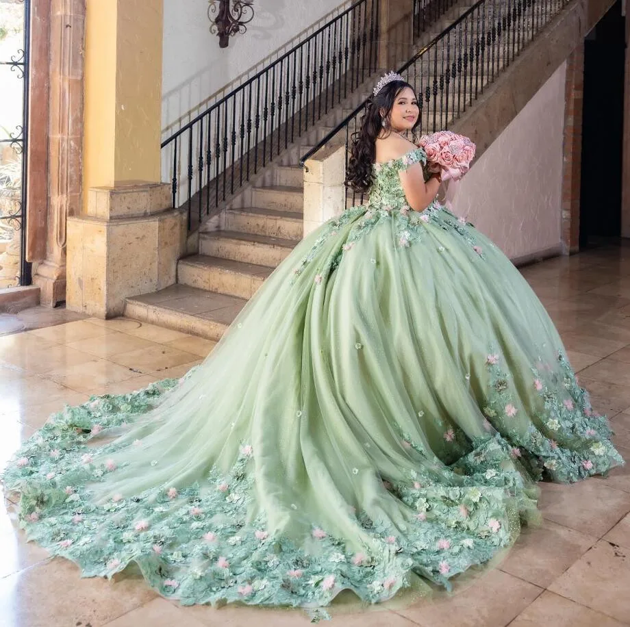 Mint Green Princess Quinceanera Dresses Off Shoulder 3D Floral Applique Puffy Skirt Corset vestidos de 15 años quinceañeras 2024