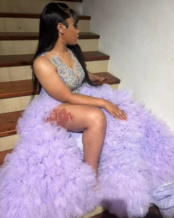 Lilac Purple Princess Evening Ceremony Dresses for Black Girl Plus Size Sparkly Diamond Slit Mermaid Prom Birthday Gala Gown