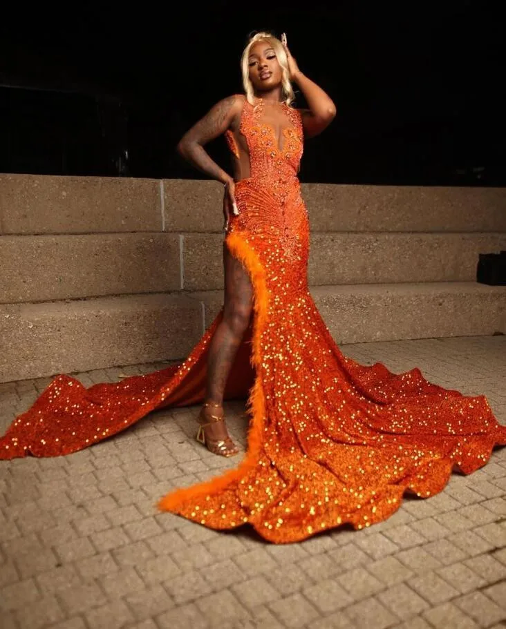 Orange Sparkly Mermaid Evneing Ceremony Party Dresses for Black Girl Luxury Diamond Velvet Slit Prom Gala Formal Dress Wear