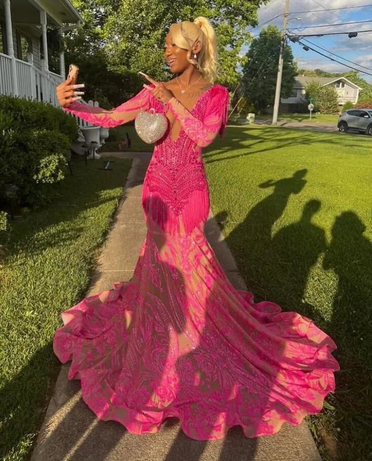 Fuchsia Pink Sparkly Long Sleeve Evening Formal Dresses for Black Girl Luxury Diamond Tassel African Prom Gala Gown Birthday