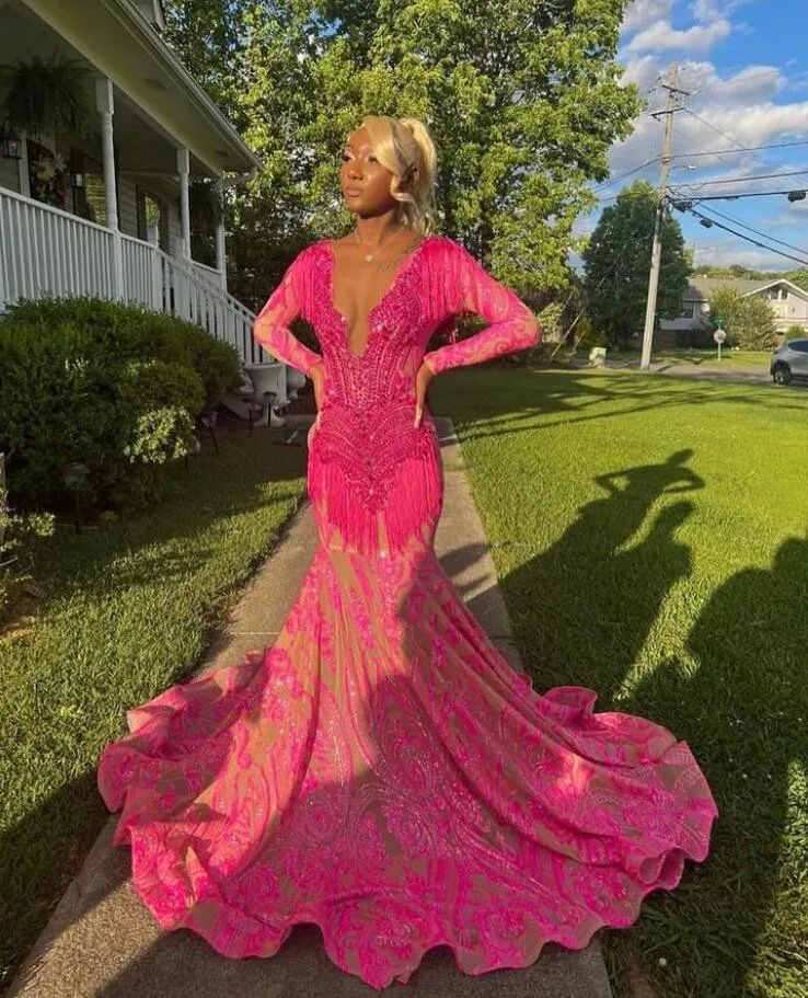 Fuchsia Pink Sparkly Long Sleeve Evening Formal Dresses for Black Girl Luxury Diamond Tassel African Prom Gala Gown Birthday