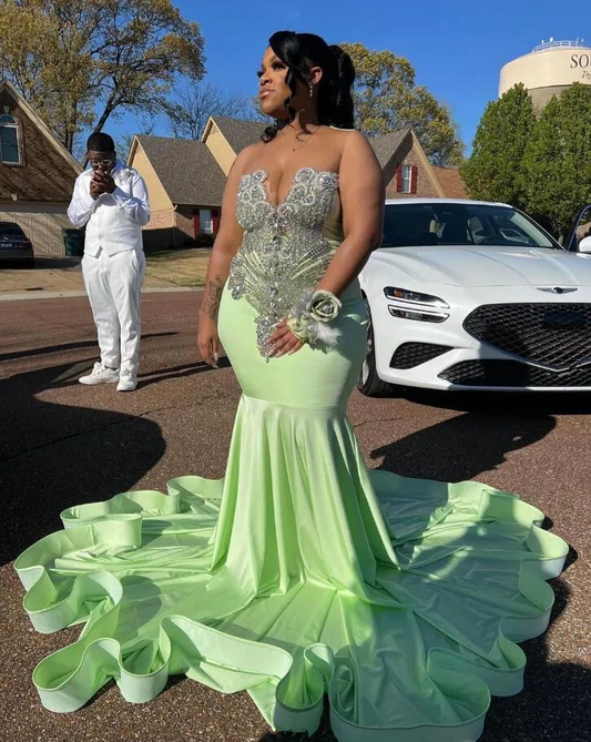 Mint Green Sparkly Mermaid Prom Ceremony Formal Dresses for Black Girl Luxury Diamond Evening Birthday Gala Dress Plus Size