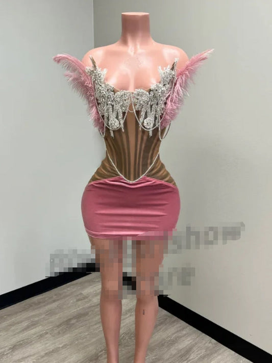 Luxury Peach Pink Short Cocktail Party Dress 2024 Sexy Bustier Diamante Beaded Feather Mini Dress فساتين للمناسبات الرسمية