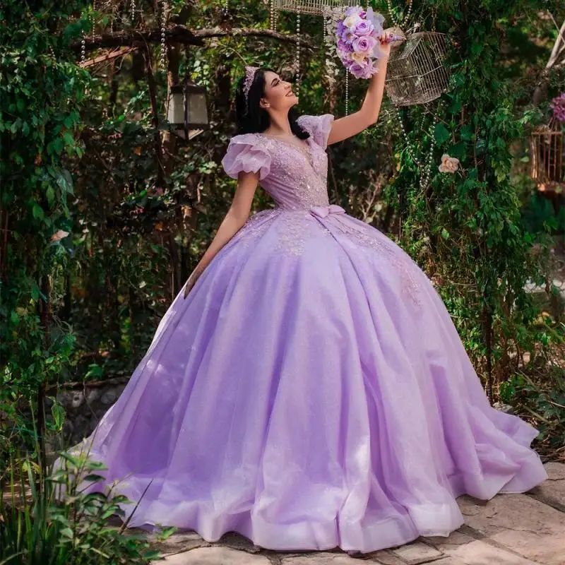 Lilac Quinceanera Dress Ball Gown Princess Party Dresses for Birthday Scoop Short Sleeves Sparkling Tulle Sweet 15 Year Gowns