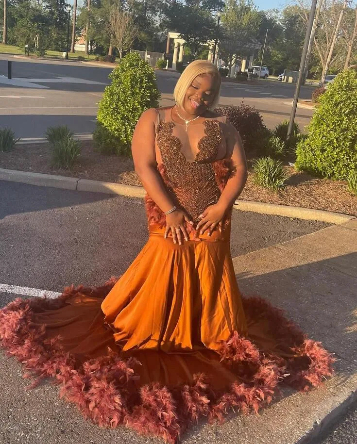 Brown Long Mermaid Evening Recemony Party Dresses for Black Girl Plus Size 2024 luxury Diamond Crystal Feather Prom Gala Gown