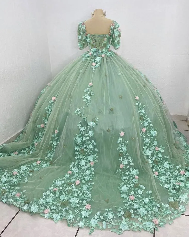 Vestido Verde Sage Princess Quinceanera Dresses with Sleeves Floral 3D Applique Leave vestidos de 15 años Prom Lace Up