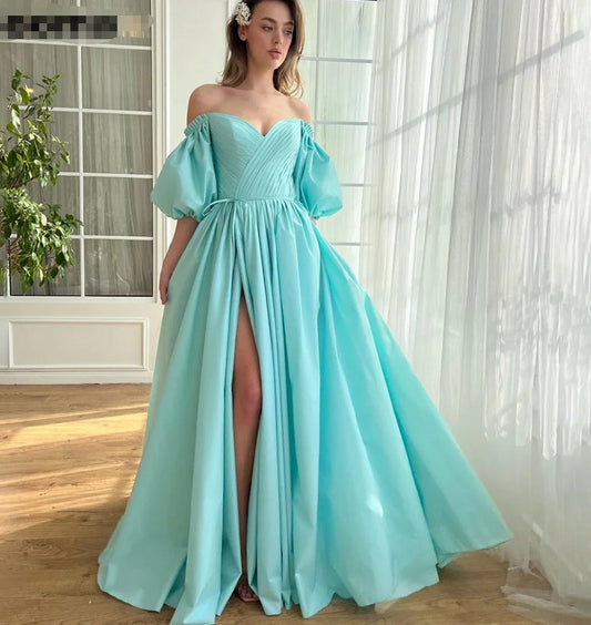 A-line Prom Dress Sweetheart Puff Sleeves Off Shoulder Formal Occasion Gowns High Side Slit Long Evening Dress for Women