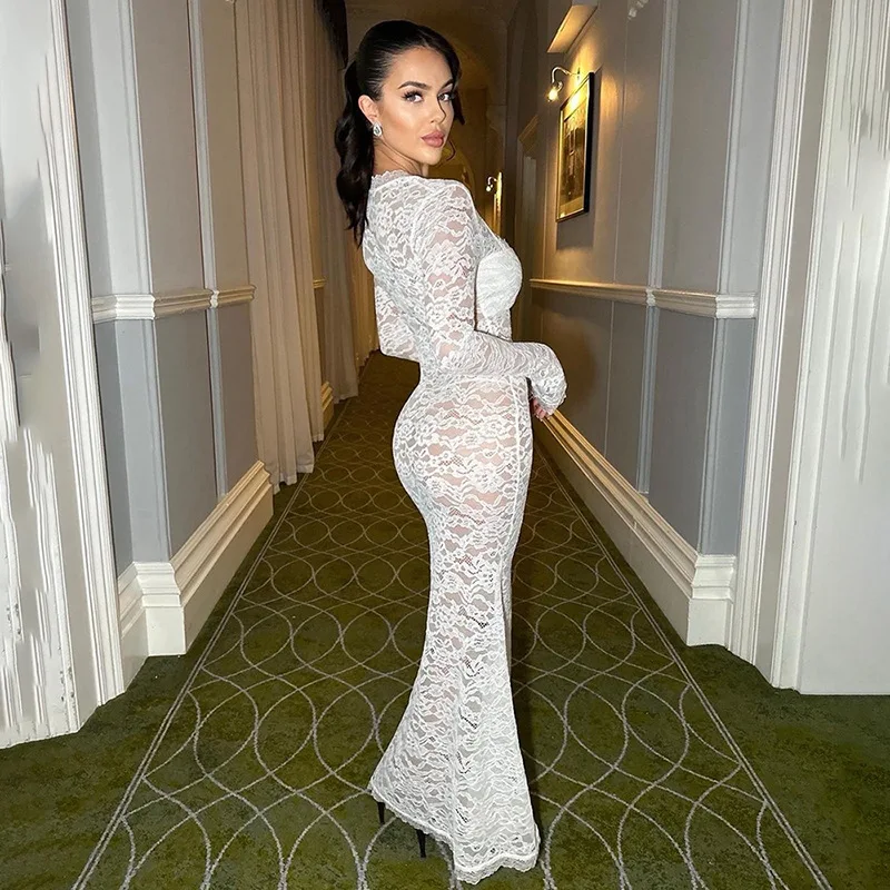 Women's Elegant Lace Floral Party Dress Long Sleeve Square Neck Bodycon Sexy See Through Maxi Dress