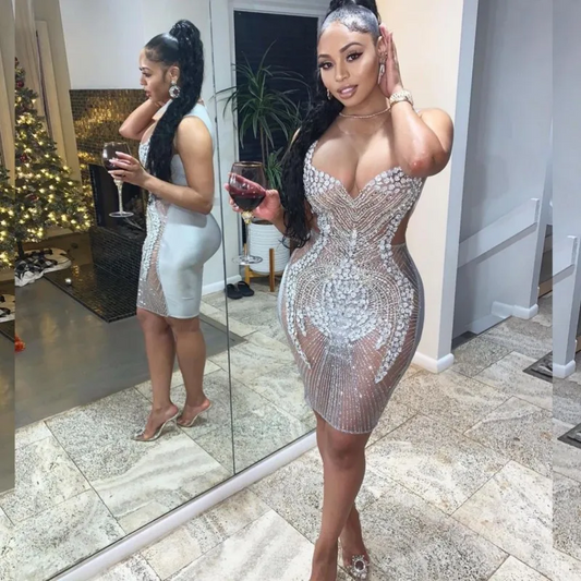 Sexy See Through Prom Dresses For Black Girls Sheer Neck Sequin Party Gowns Rhinestone Birthday Outfit Beading Vestidos De Gala