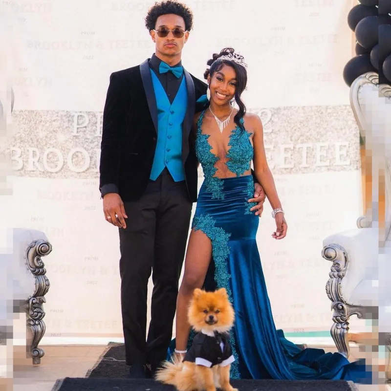 Turquoise Prom Dresses For Black Girl 2024 Sheer Neck Mermaid Party Gowns With Golve See Through Velvet Vestidos De Festa