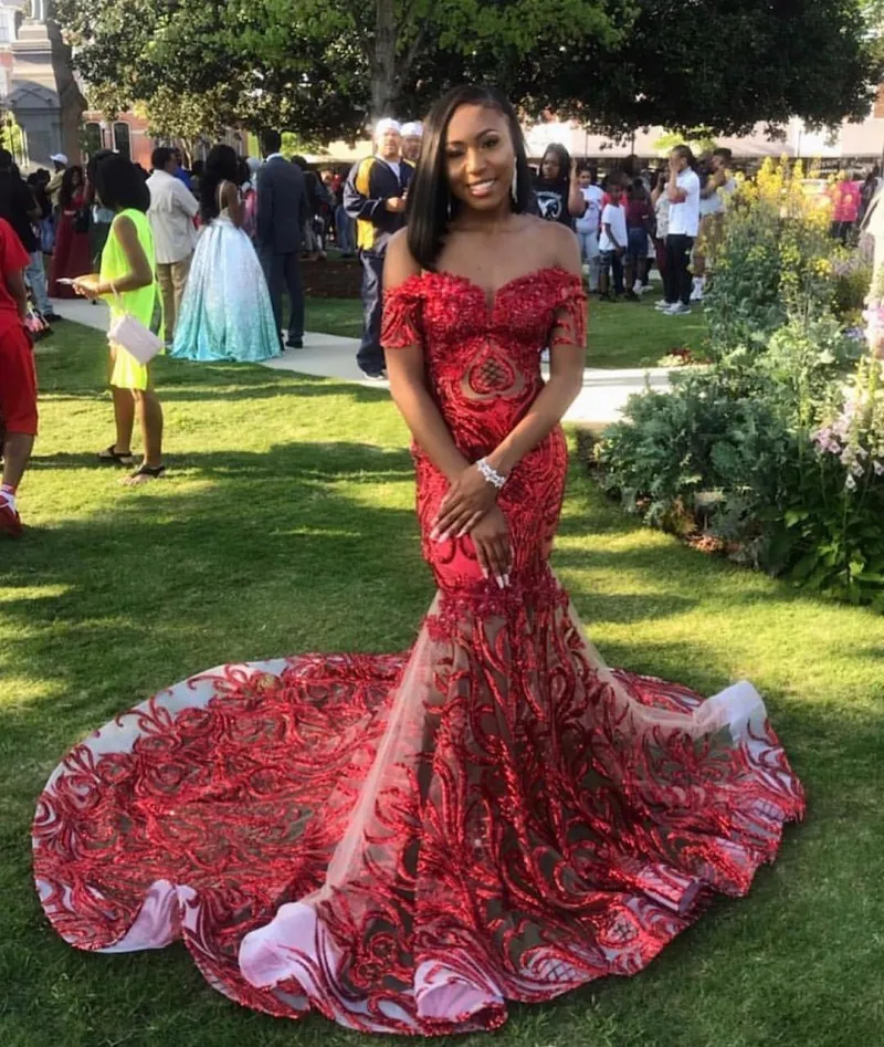 Elegant Red Sequin Prom Dresses Black Girls Off The Shoulder African Mermaid Party Gowns Short Sleeves robe de soirée femme