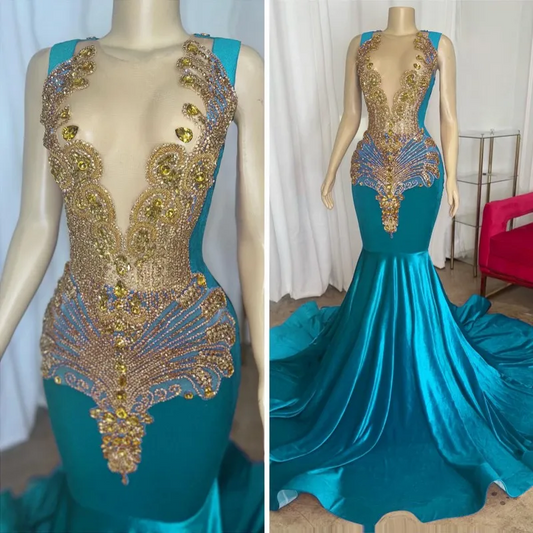 Elegant Turquoise Prom Dresses For Black Girls 2024 Rhinestone Velvet Mermaid Party Gowns Evening Dress Vestidos De Festa