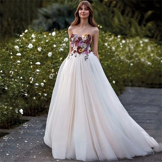 Colorful Embroidered Wedding Dress for Women Bride Sweetheart Backless Pastoral Marriage Bridal Flower Dresses