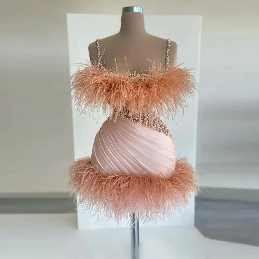 Luxury Mimi Cocktail Dress for Women Feather Pearls Beaded Short Evening Party Dress Spaghetti Straps Pink Satin Birthday Dress