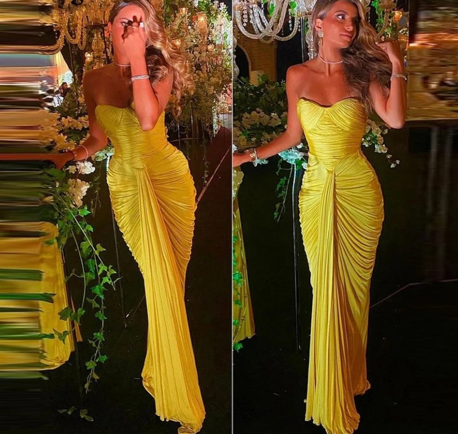 Bright Yellow Chiffon&Satin Pleats Long Prom Dresses Sweetheart Mermaid Floor Length Evening Gowns Women Party Dress