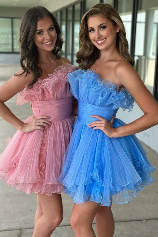 Strapless Organza Prom Dresses Edge Curl Mini Vestidos De Fiesta Elegant Sleeveless Empire Waist Evening Dress 2024