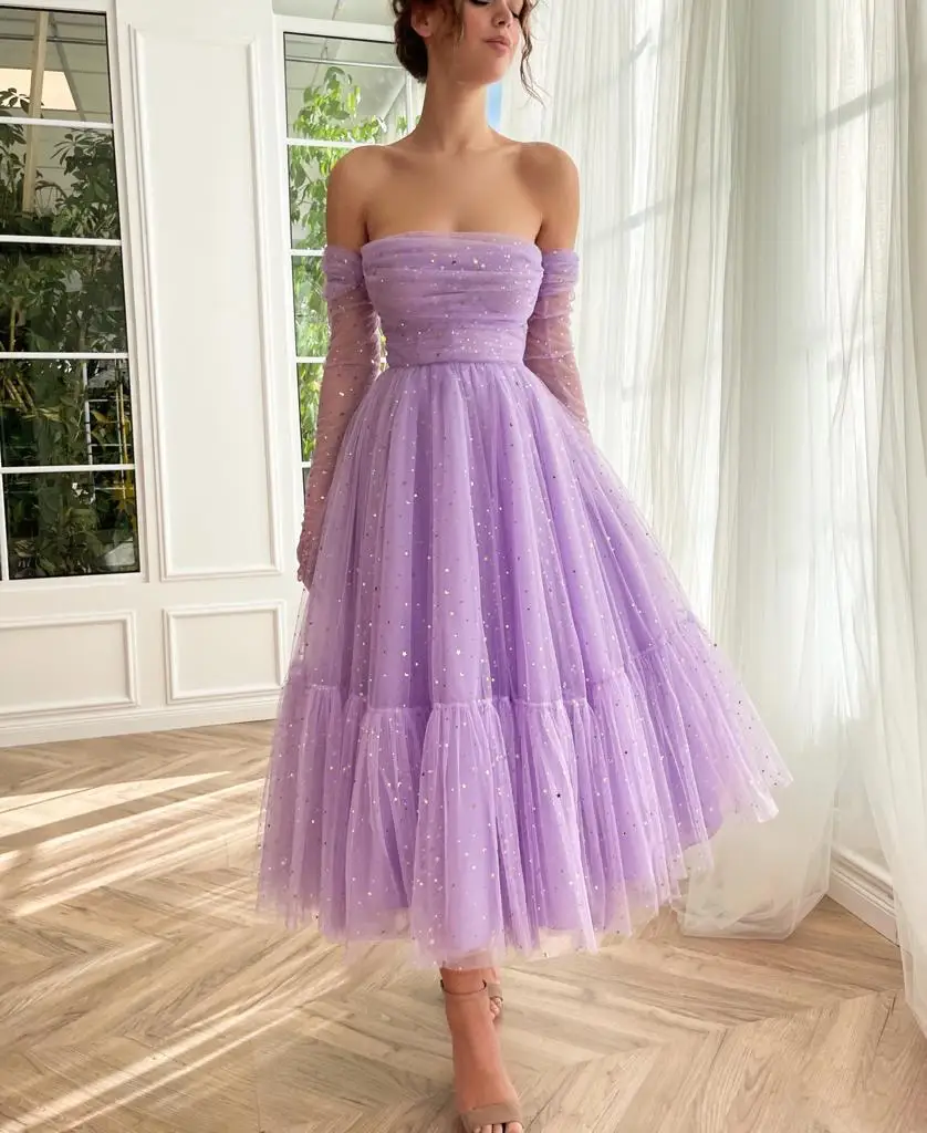 Women's Lilac Tulle Sweet Short Prom Dresses Sleeveless Tea-Length Party Gown Graduation Homecoming Dress vestidos para mujer