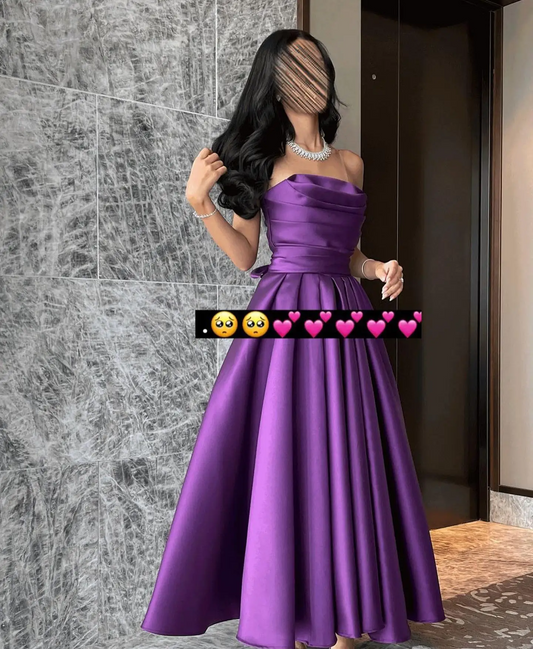 Elegant Off the Shoulder Evening Dress with Tiered Ruched A-Line Tea Length Satin Prom Dress High Quality فساتين سهره فخمة 2024