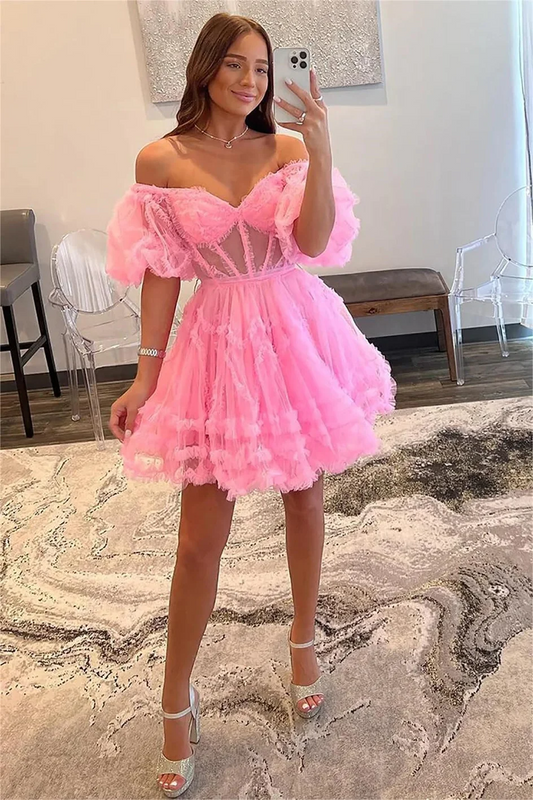 Off Shoulder A-line Sweetheart Mini Tulle Homecoming Dresses Short Puffy Sleeve Prom Dress Tiered Ruffles Cocktail Party Gowns