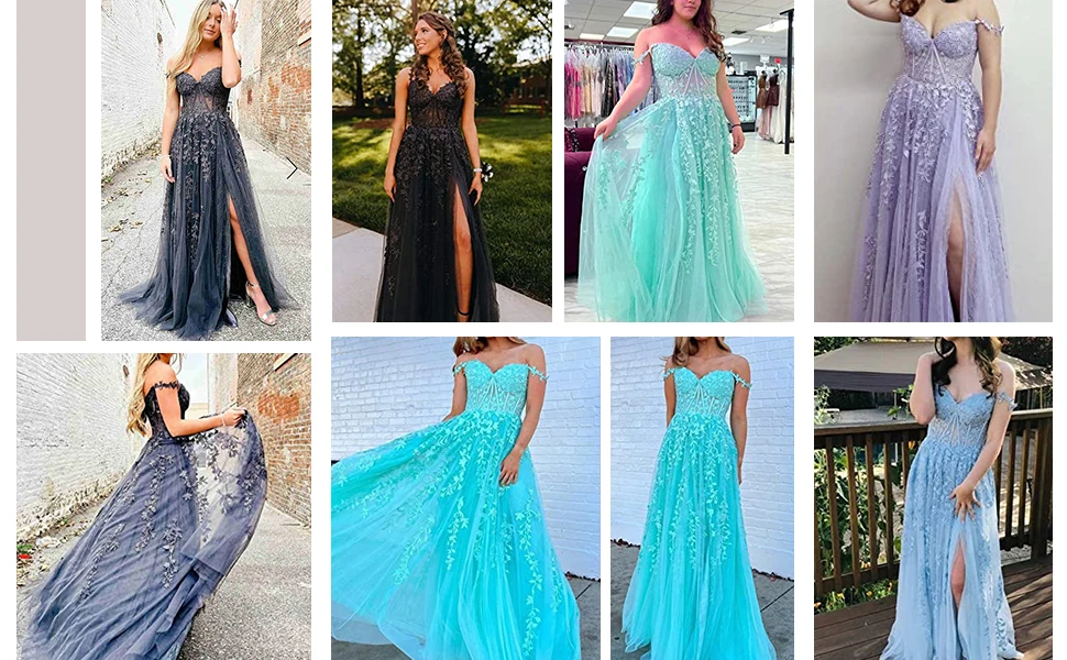 Off Shoulder Tulle Formal Evening Dresses for Women Flower Lace Appliques Long Party Prom Dresses for Teens Ball Gown