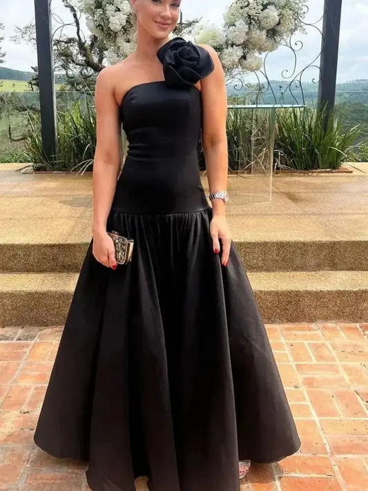 Classy Long Black One Shoulder Satin Prom Dress With Flower A-Line Sleeveless Evening Dresses for Women 2024 Pleated Party Gown