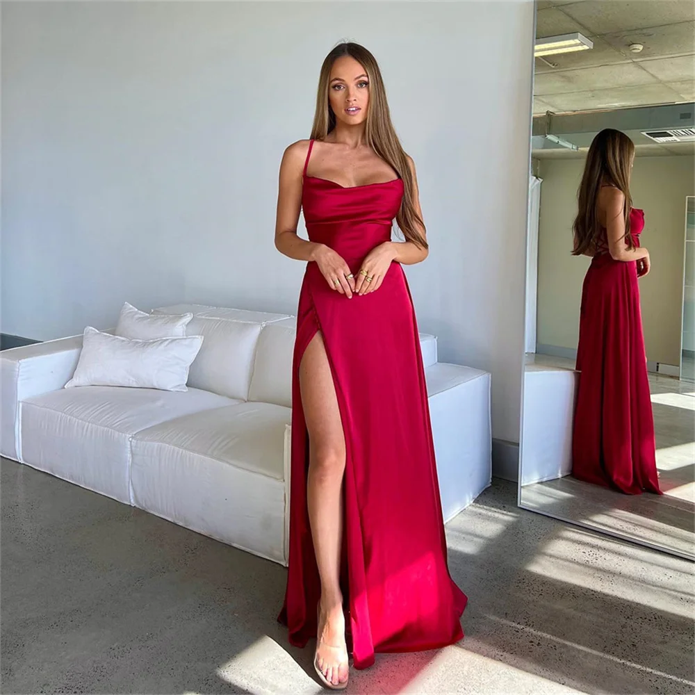 Summer Simple Spaghetti Strap Bridesmaid Dresses Backless Sleeveless Wedding Guest Long Slit Women's Evening Prom Gowns