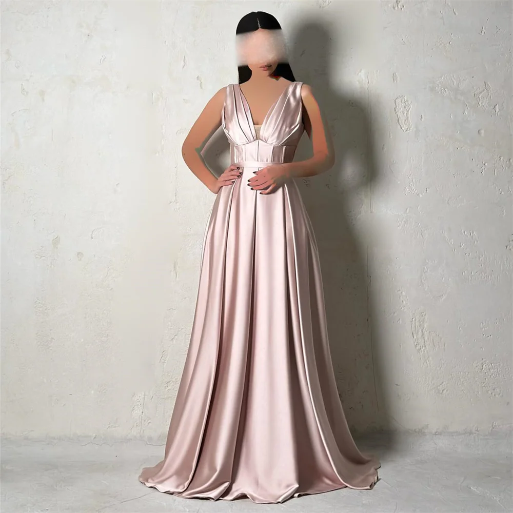 Simple Elegant Modern Floor-length Sleeveless Evening Dresses For Woman V-Neck Satin Prom Gowns Side Split A-Line Party Dress