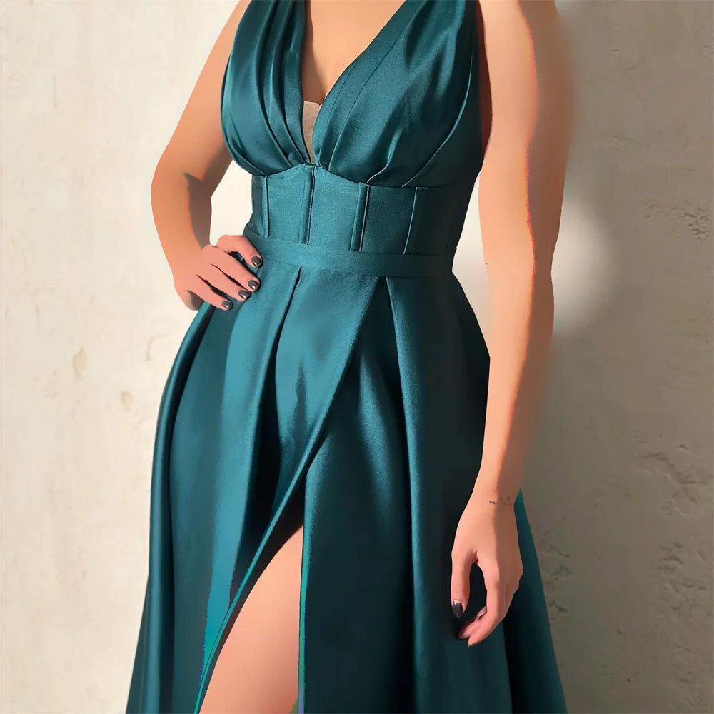 Simple Elegant Modern Floor-length Sleeveless Evening Dresses For Woman V-Neck Satin Prom Gowns Side Split A-Line Party Dress