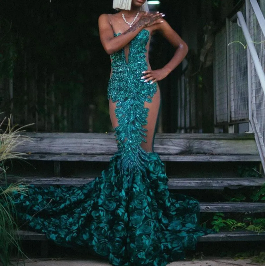 Emerald Green Sparkly Mermaid Prom Dresses For Black Girl Sheer Mesh Gillter Crystal Rose Floral Evening Ceremony Gown