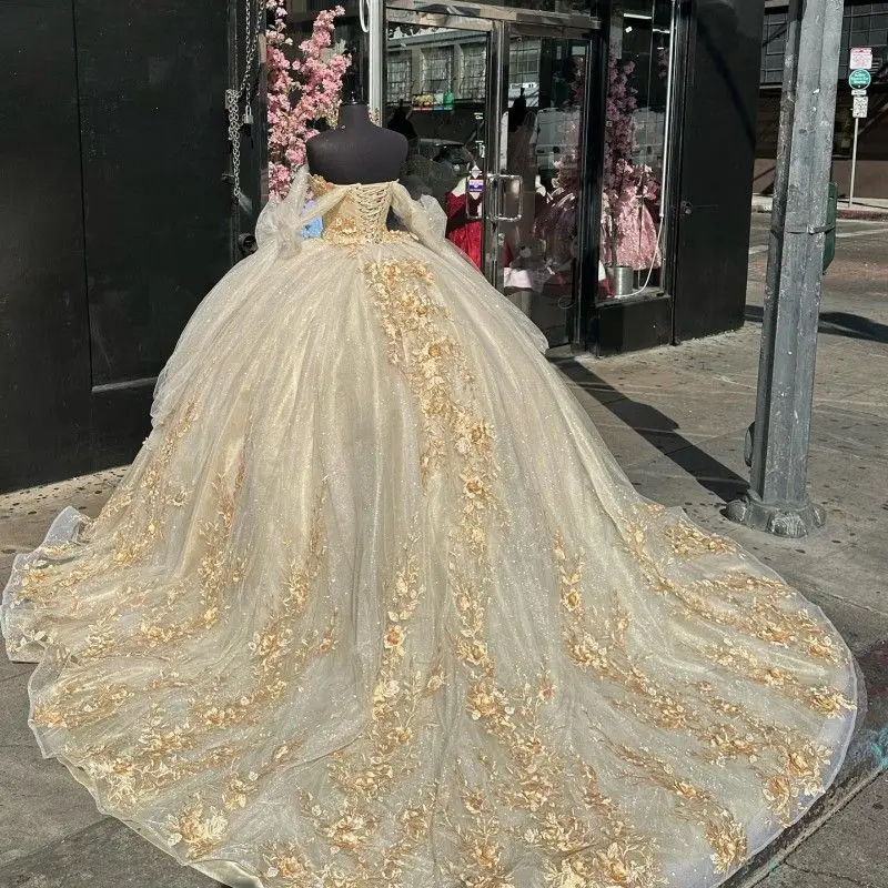 Champagne Quinceanera Dresses With 3D Floral Applique Mexican Vestidos De 15 Anos Beading lace-up prom Sweet 16 dress