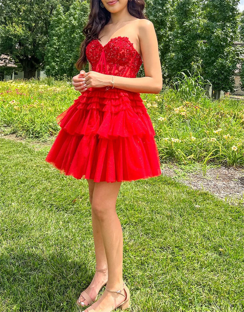 Sweetheart Tiered Ruffles Sequins Homecoming Dresses Lace Appliques Sleeveless Graduation Dress A-line Short Formal Prom Gowns