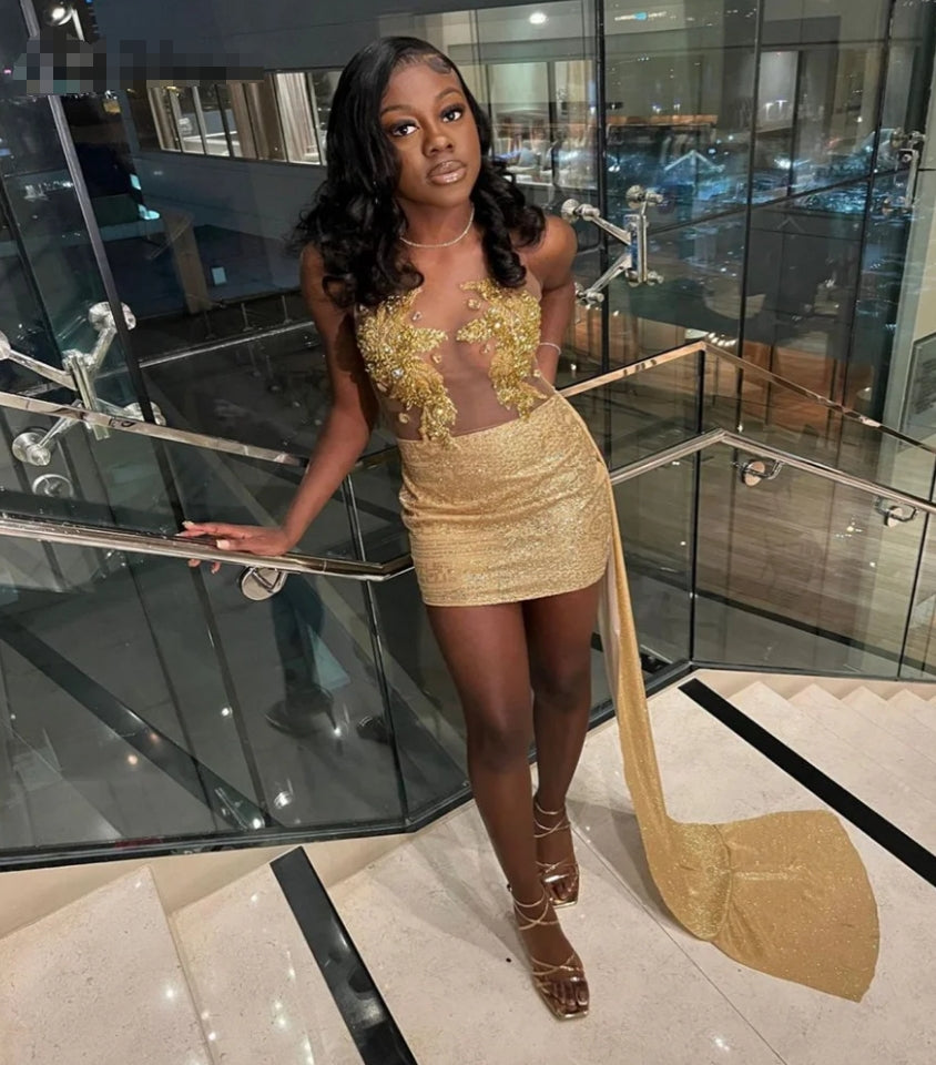 Asymmetrical Gold Black Girls Homecoming Dress With Train 2024 Illusion Top Beaded Hoco Birthday Party Evening Dress Sequin