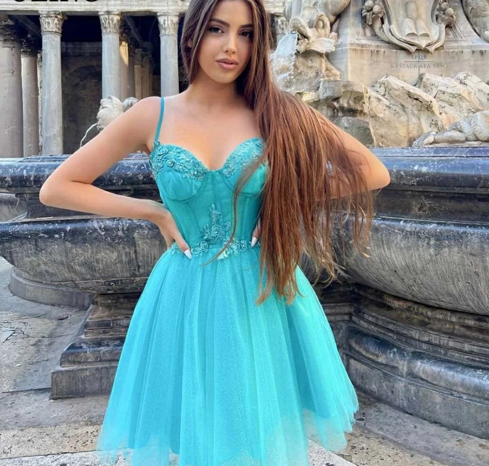 Sexy Short Mini Party Dresses Sweetheart Blue Spaghetti Straps Appliques Lace Homecoming Skirt Princess Prom Dress Summer