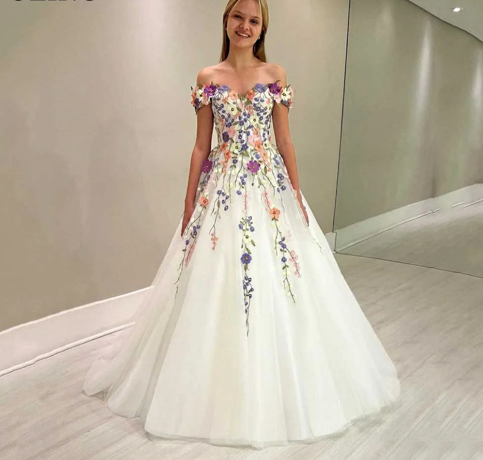 2024 Off The Shoulder Wedding Dress Vestido De Novia Flower Lace Evening Dress White Corset Back Prom Dress With Appliques