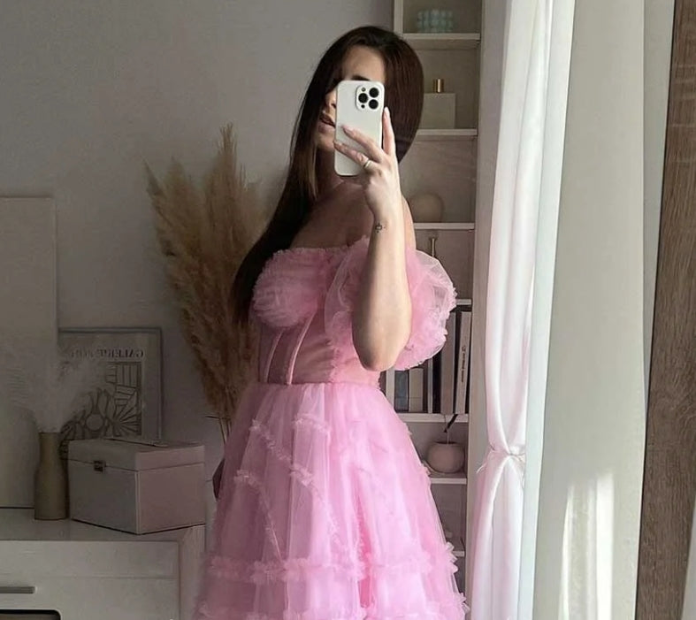 Princess Pink Prom Dresses Fairy Off The Shoulder Knee Length Party Dress Formal Evening Gowns Summer Vestidos De Gala