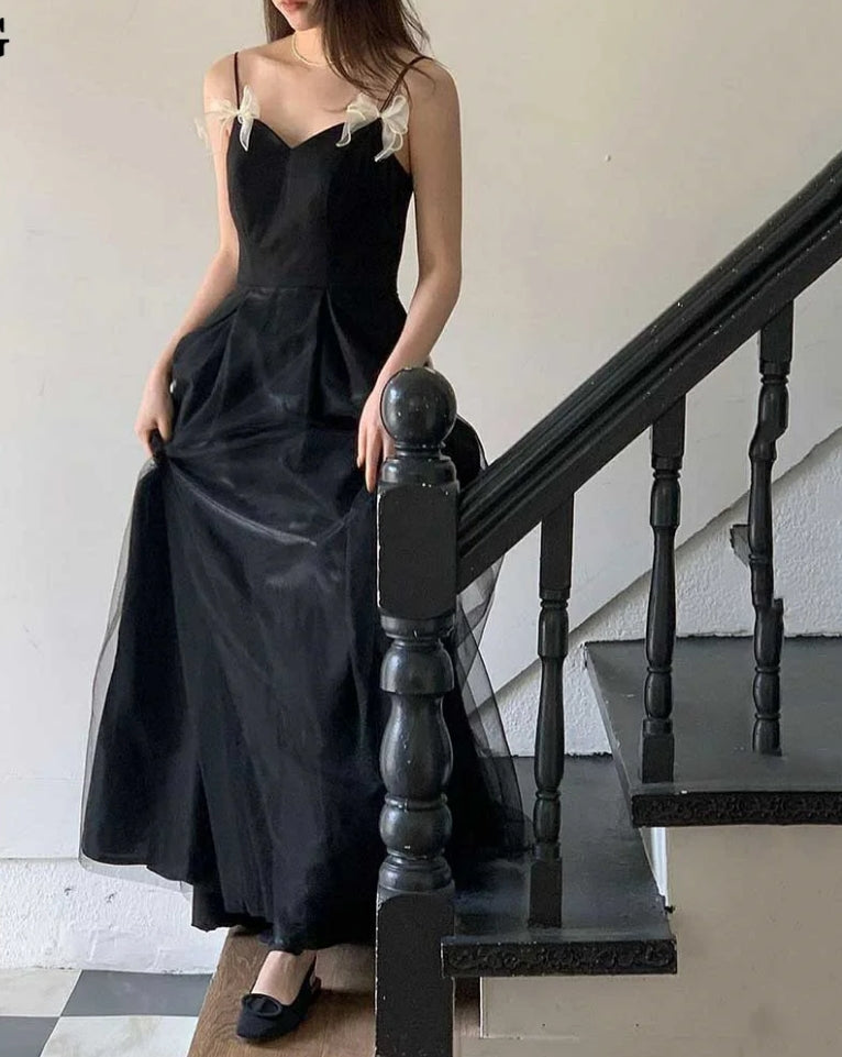 Fairy Black Tulle Evening Dresses Spaghetti Strap V Neck Wedding Photoshoot Floor Length Prom Gowns Formal Prom Gowns