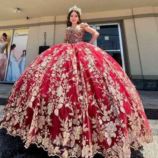 Red Glitter Sequined Ball Gown Quinceanera Dresses Off The Shoulder Gold Applique Lace Corset Vestidos De 15 Años