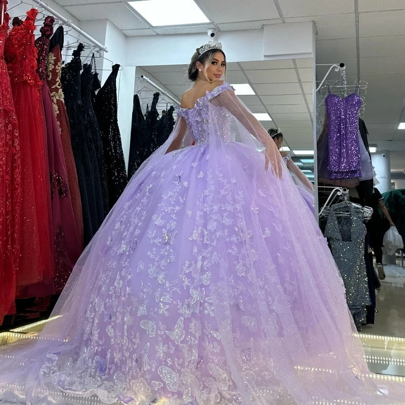 Lavender Shiny Off Shoulder Quinceanera Dresses Lace Bow Beads Tull With Cape Corset Prom Party Gown 16 Vestidos De XV Anos