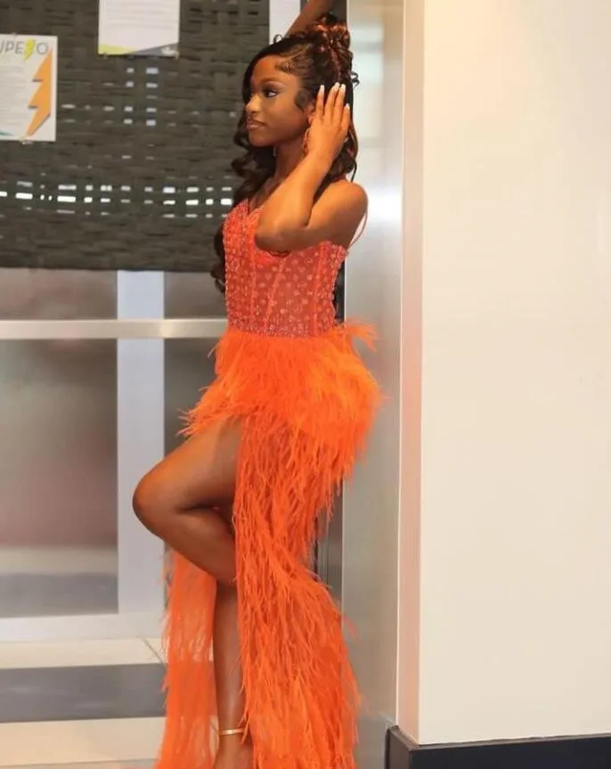 Orange Sweetheart Prom Homecoming Dress for Black Girl Luxury Ostrich Feathered sexy Slit Corset Top Birthday Gown for Women