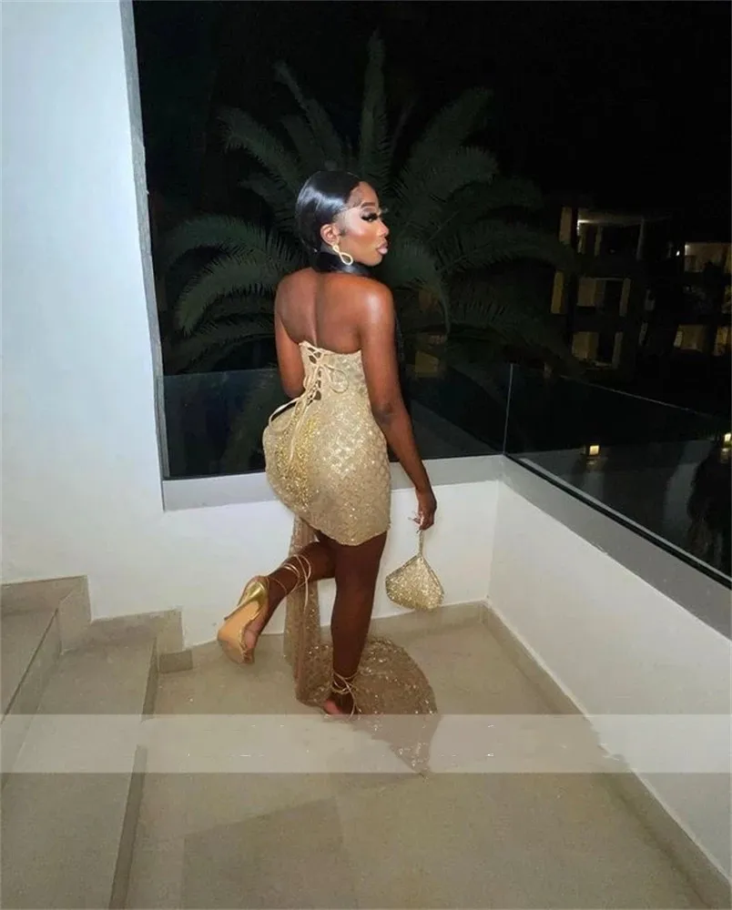 Luxury Gold Sweetheart Short Prom Dress For Black Girls Lace Up Birthday Party Dresses With Tail Mini Cocktail Homecoming Dress