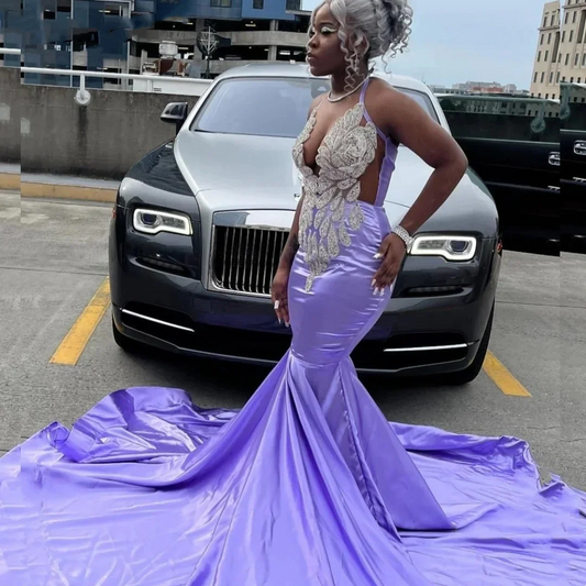 Sexy Lavender Mermaid Prom Dress for Black Girls 2024 Silver Beaded Rhinestones Party Gala Gown Robe De Soiree