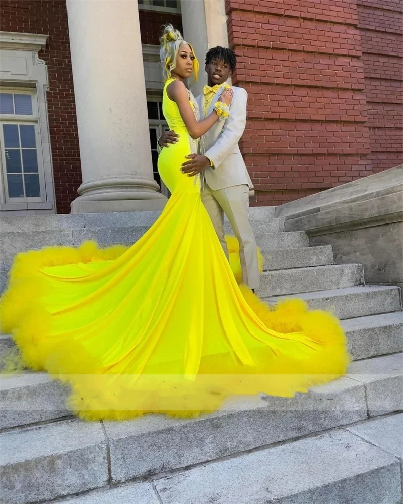 Yellow Satin Long Prom Dress 2024 For Black Girls Beading Sequins Lace Ruffles Birthday Party Evening Birthday Party Gown Vestid