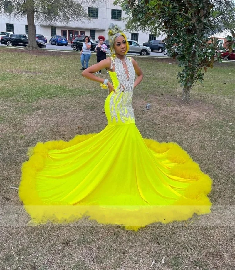 Yellow Satin Long Prom Dress 2024 For Black Girls Beading Sequins Lace Ruffles Birthday Party Evening Birthday Party Gown Vestid