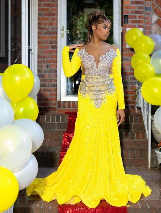 Yellow Luxury African Mermad Evening Formal Dress Long Sleeve Sparkly Diamond Blak Girl Prom Birthday Gown vestidos de gala